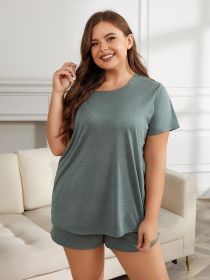 Plus Size Round Neck Short Sleeve Two-Piece Loungewear Set (Color: Sage, size: 1XL)