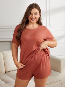 Plus Size Round Neck Short Sleeve Two-Piece Loungewear Set (Color: Brick Red, size: 2XL)