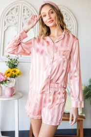 Pink Striped Print Buttoned Shirt and Drawstring Shorts Lounge Set (Color: Pink, size: XL)