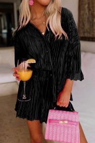 Rose 3/4 Sleeves Pleated Shirt and High Waist Shorts Lounge Set (Color: Black, size: L)