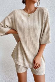 Green Plain Ribbed Loose Fit Two Piece Lounge Set (Color: Apricot, size: L)