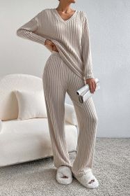 Green Plain Ribbed Loose Fit Two Piece Lounge Set (Color: Khaki, size: S)
