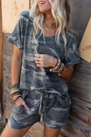 Green Classic Camo Print Slouchy Loungewear Shorts Set (Color: Green, size: S)