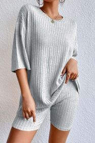 Green Plain Ribbed Loose Fit Two Piece Lounge Set (Color: Gray, size: S)