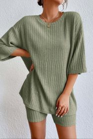 Green Plain Ribbed Loose Fit Two Piece Lounge Set (Color: Green, size: XL)