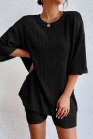 Green Plain Ribbed Loose Fit Two Piece Lounge Set (Color: Black, size: M)
