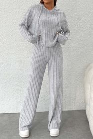 Green Plain Ribbed Loose Fit Two Piece Lounge Set (Color: Gray1, size: L)