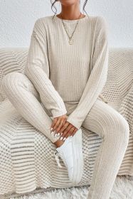 Apricot Ribbed Knit Loose Long Sleeve Top Skinny Pants Set (Color: Apricot, size: M)