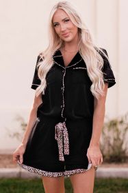Black Leopard Long Sleeve Shirt and Shorts Lounge Set (Color: Black, size: M)