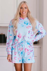Sky Blue Leopard Print Hoodie and Shorts Set (Color: Sky Blue, size: M)