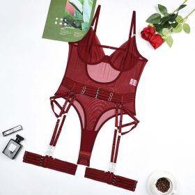 Sexy Underwear Sheer Mesh Body Shaping Corsets Garter Three Piece Set Women (Color: Burgundy, size: L)
