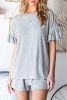 Gray Ribbed Knit Ruffle Trim Casual Short Set