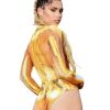 Womens Sexy Oil Glossy Bodysuit Long Sleeve Slim Fit Going Out Tank Tops Clubwear